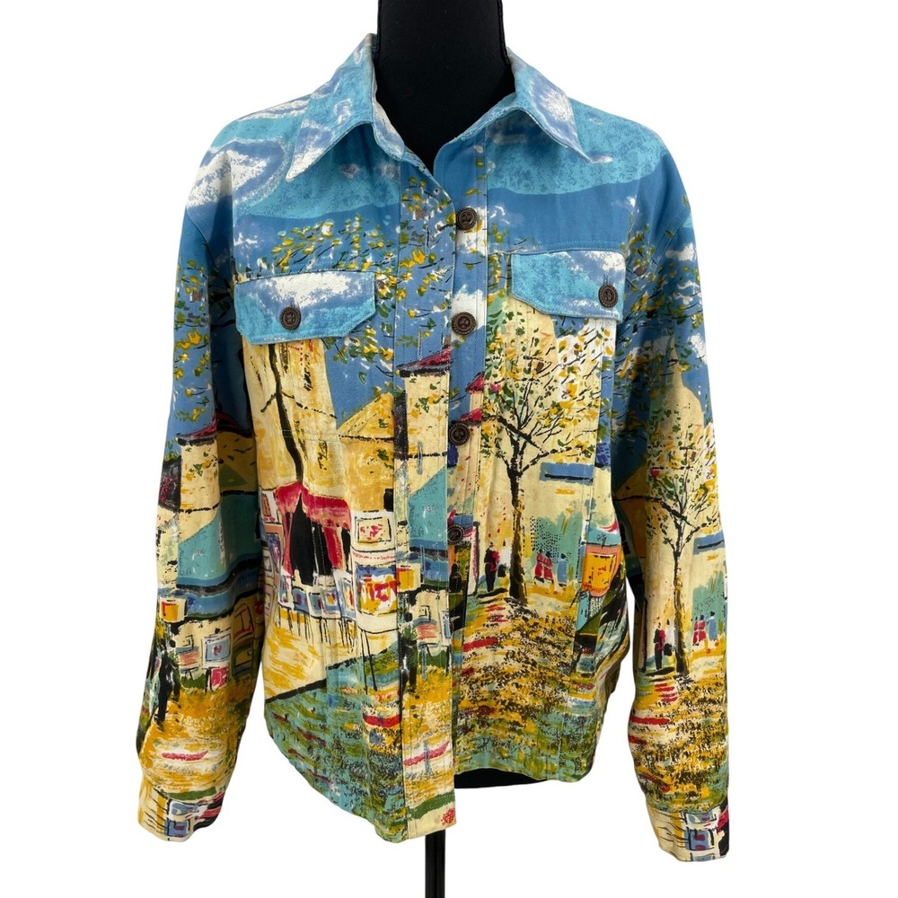 Take Two Jacket Womens S Blue Cotton Canvas Art Print Parisian Street Scene Boho
